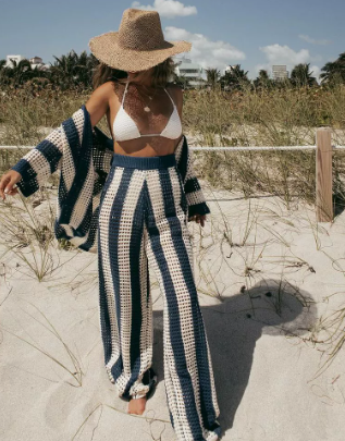 V-Neck Hollow Stripe Shirt & Wide-Leg Pants Set