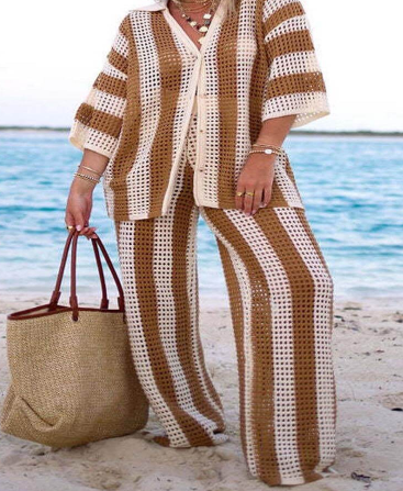 V-Neck Hollow Stripe Shirt & Wide-Leg Pants Set