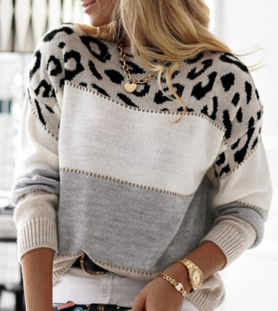 Leopard Pattern Color Block Round Neck Casual Sweater